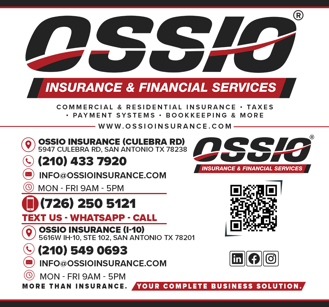 OSSIO digital business card with San Antonio locations and contact information